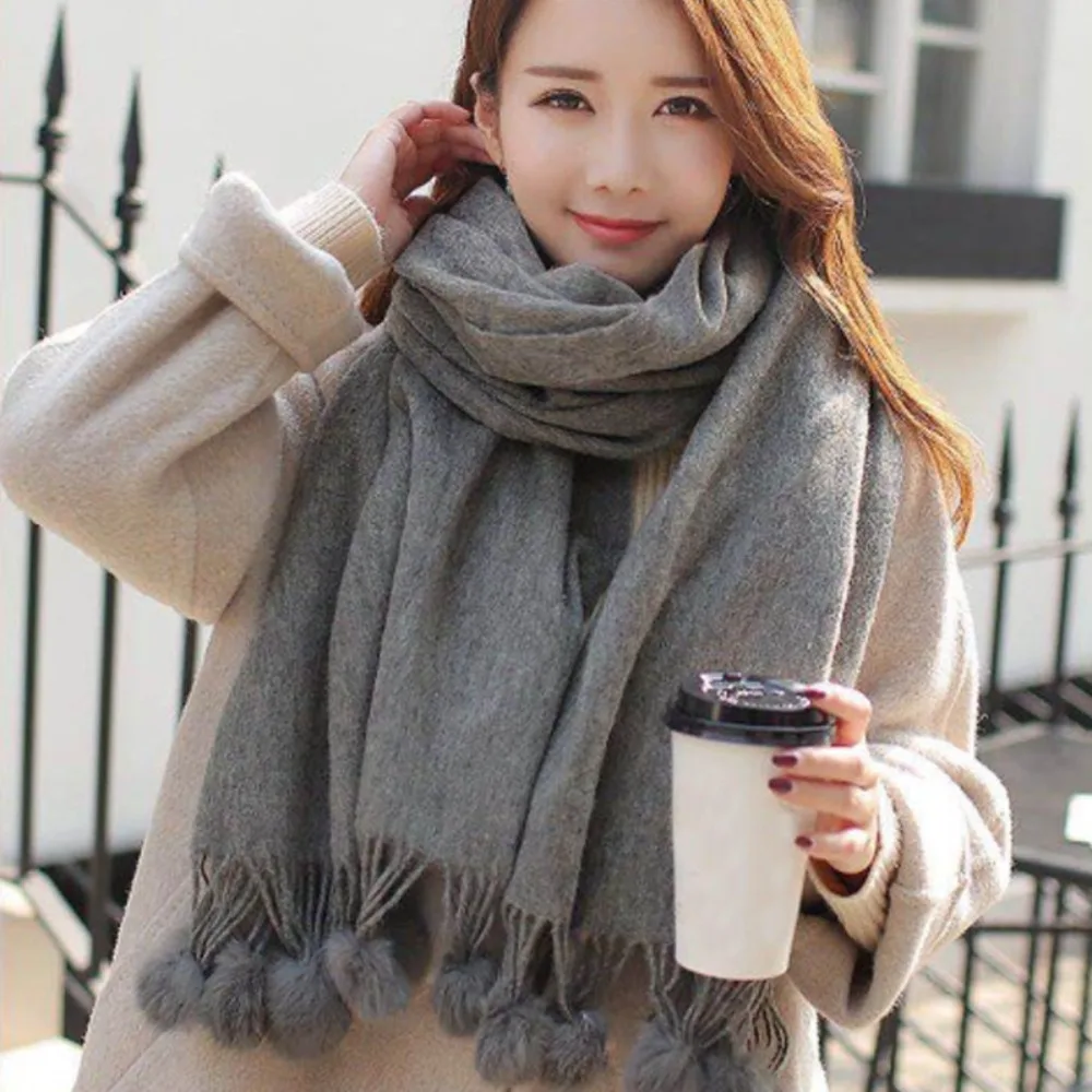 High Quality Cashmere Shawl Scarf Solid Color Oversized Rabbit Fur Pom Pom Scarf Warm Thick Fabric Soft Texture Pom Pom Scarf