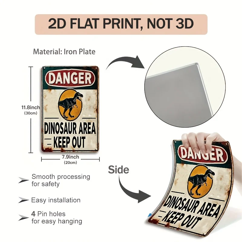 2D Flat, 4pcs Dangerous Dinosaur Area No Entry Metal Signs - Vintage Dinosaur Wall Art Hanging Plaques With Velociraptor And