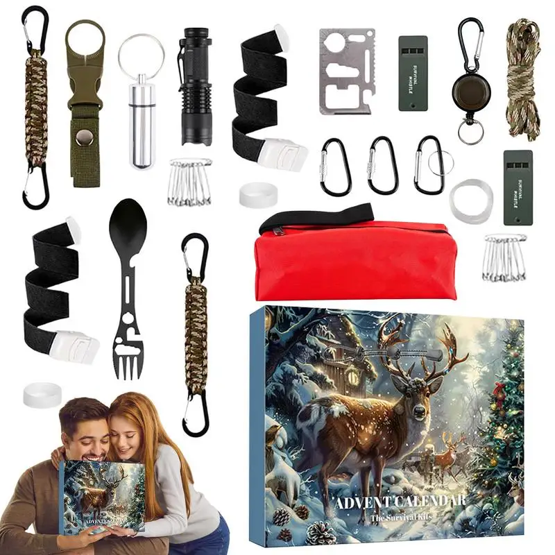 Survival Kit 24 Days Advent Calendar for Outdoor Survival Gear Countdown To Christmas Cool Gadgets for Camping Christmas Gift