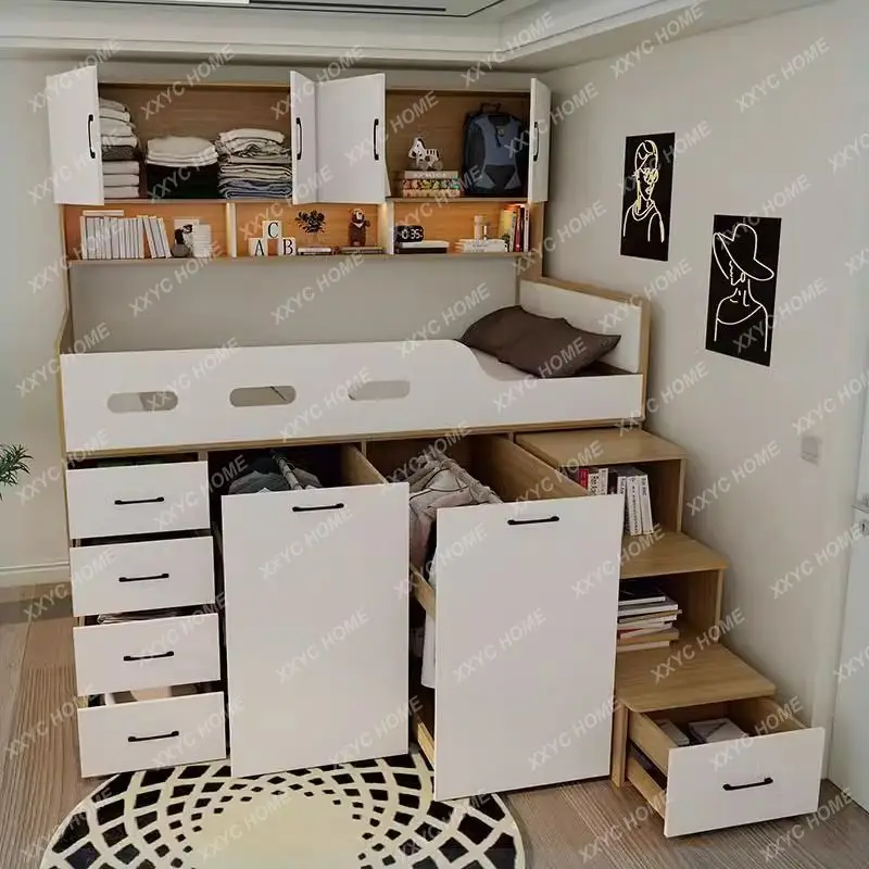 Small apartment solid wood high box storage bed wardrobe integrated, bed desk combination bed, multi-functional elevated bed