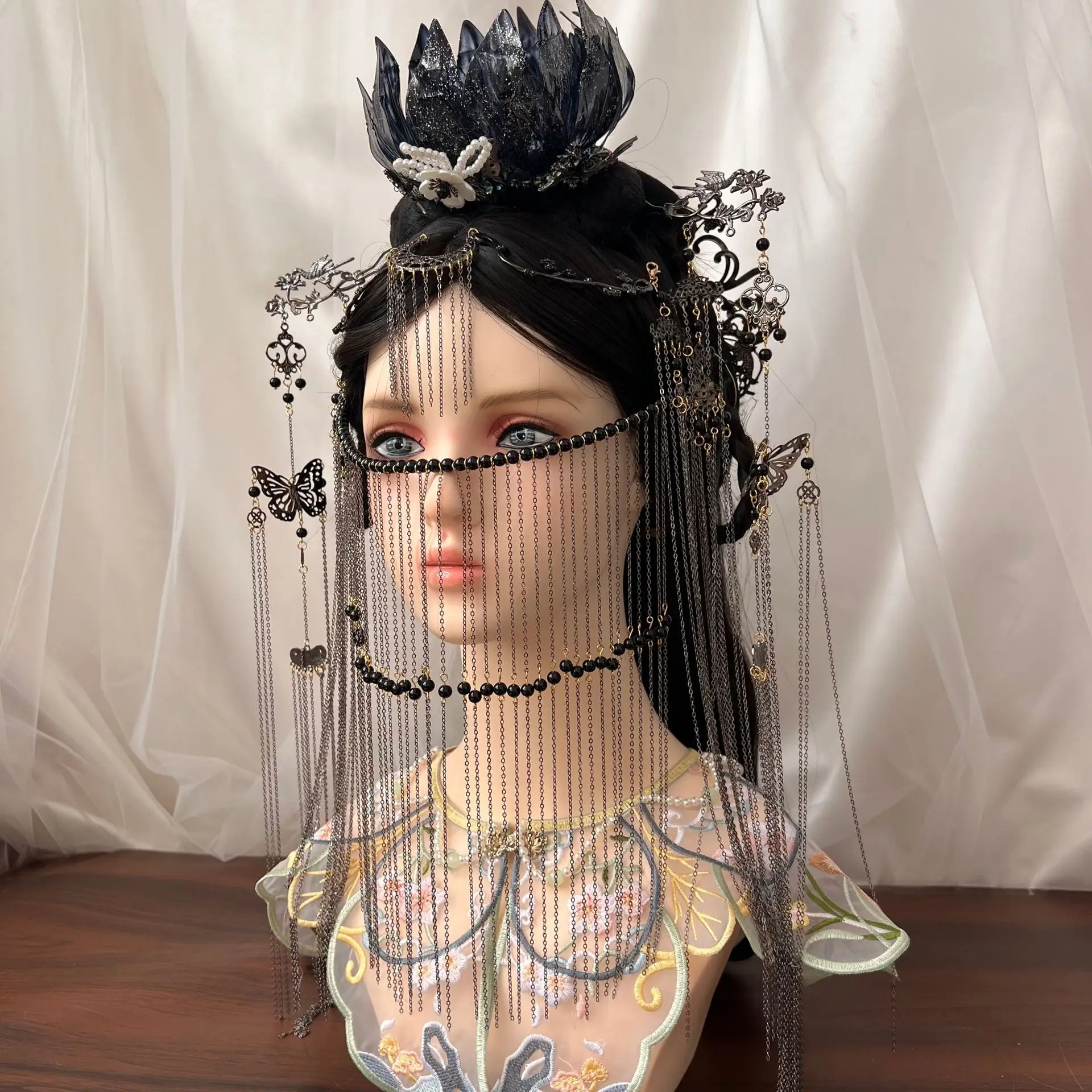 الغربية السوداء الطراز القديم الغريبة نمط الجبين الدانتيل Hanfu سوبر الرقص فتاة شرابة الستار إكسسوارات الشعر البدلة