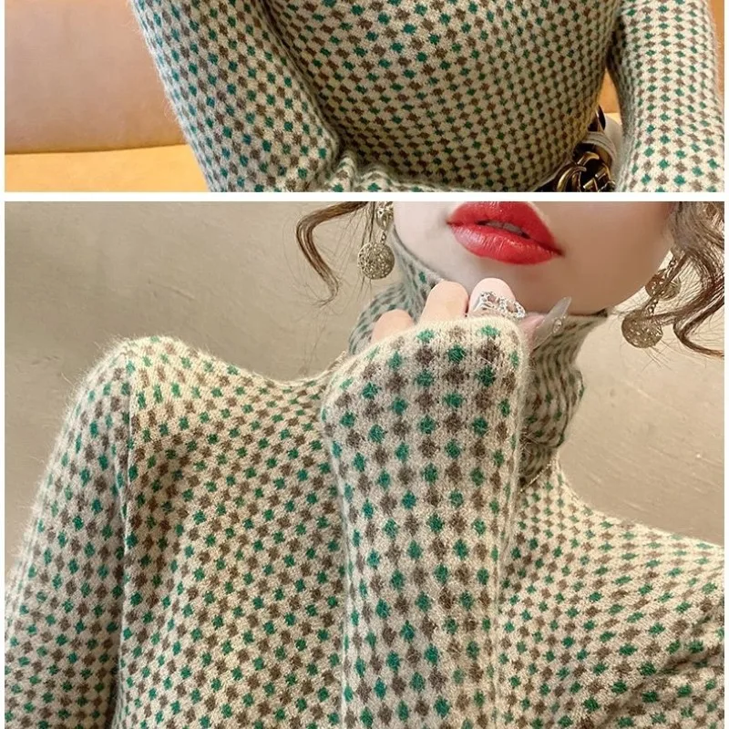 Women\'s Autumn and Winter Fashion Elegant High Neck Pullover Plaid Panel Casual Versatile Long Sleeve Slim Fit Sweater Knit Tops