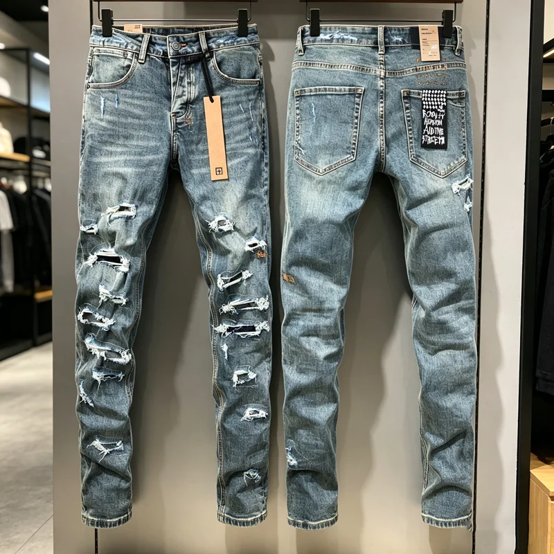

High Street Washed KSUBI Cross Jeans Taper Trousers Men Women Couple High Quality Low Rise Stretch Skinny Pleated Ripped Pants