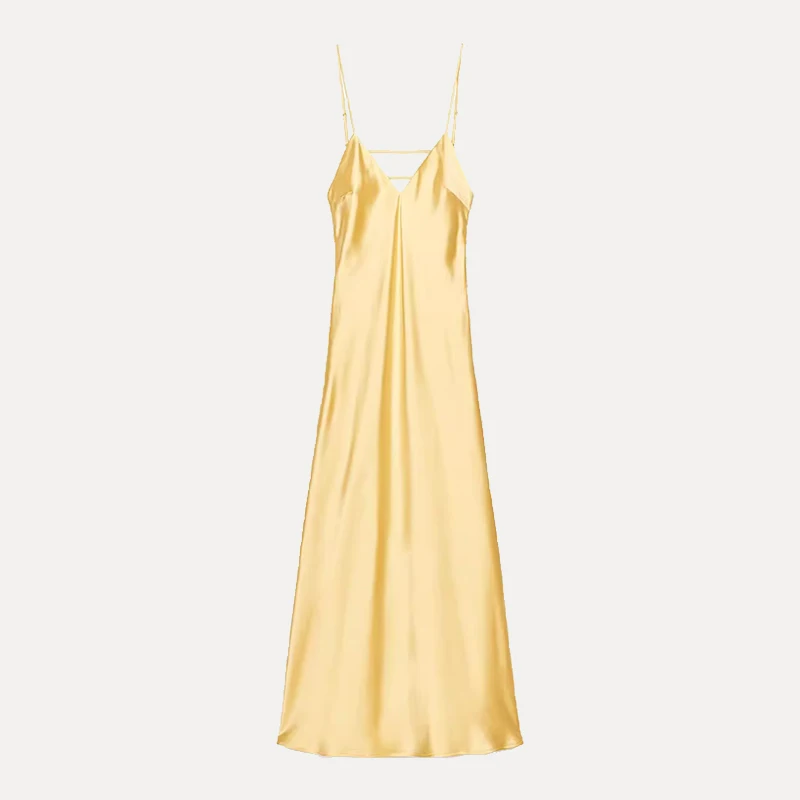 Summer 2025 Women's V-ne Midi Dr Silk Satin Texture Midi Dr European Sle No-sve Polyester Fiber Single Piece