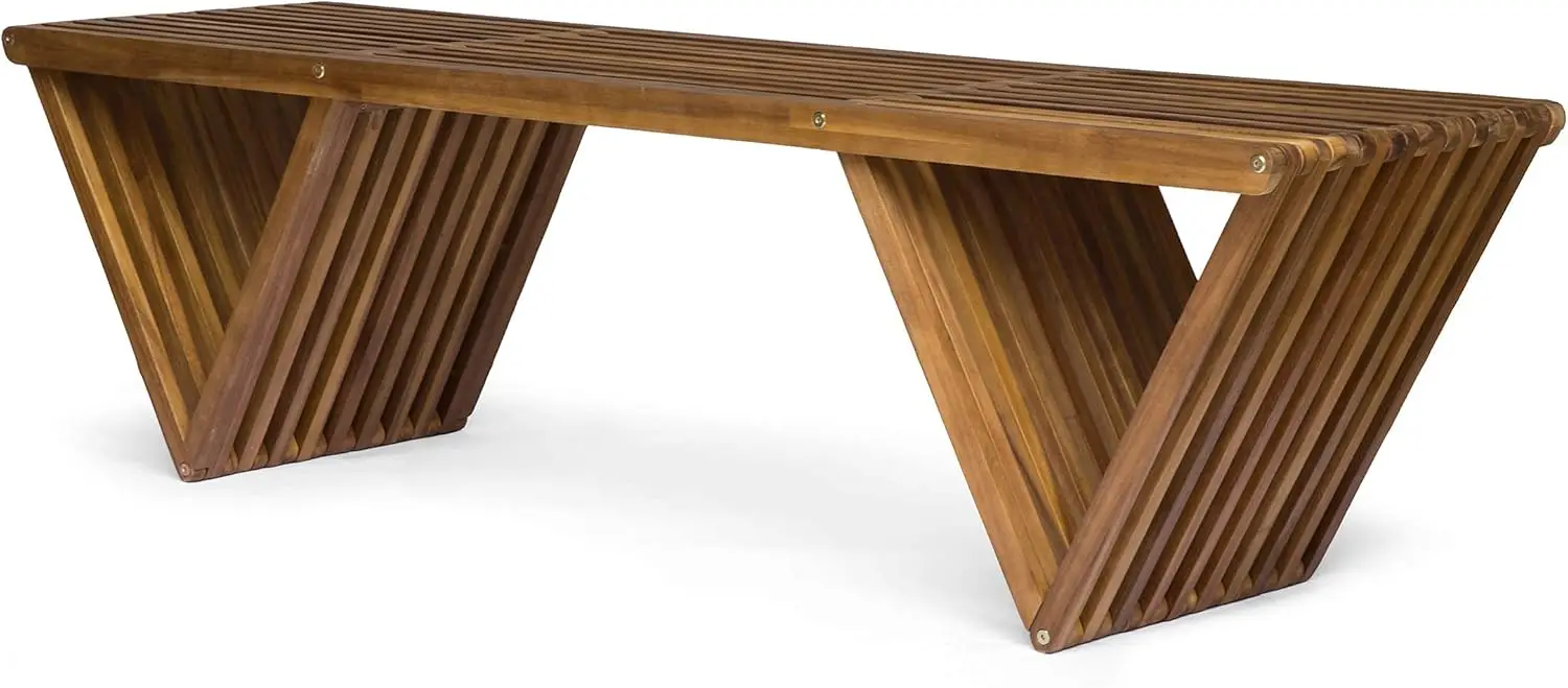 Outdoor Acacia Wood Bench Teak Finish Hand Crafted Details sure to impress Features a pleasing good conversation