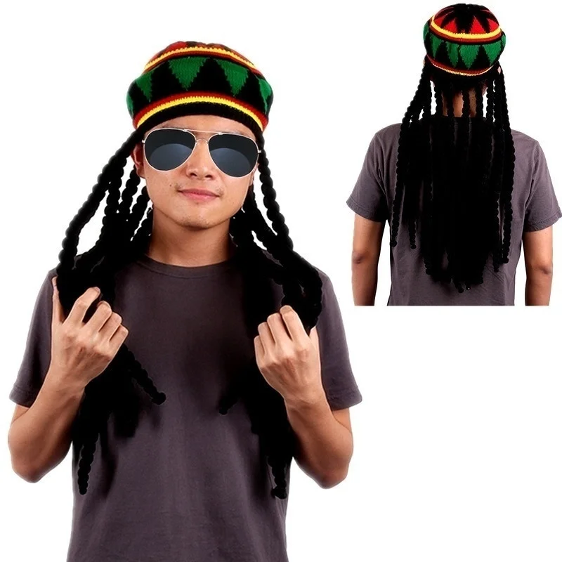 Fashion Bob Marley Reggae Jamaican Rasta Hat Dreadlocks Wig Caribbean Beret Cap Dress