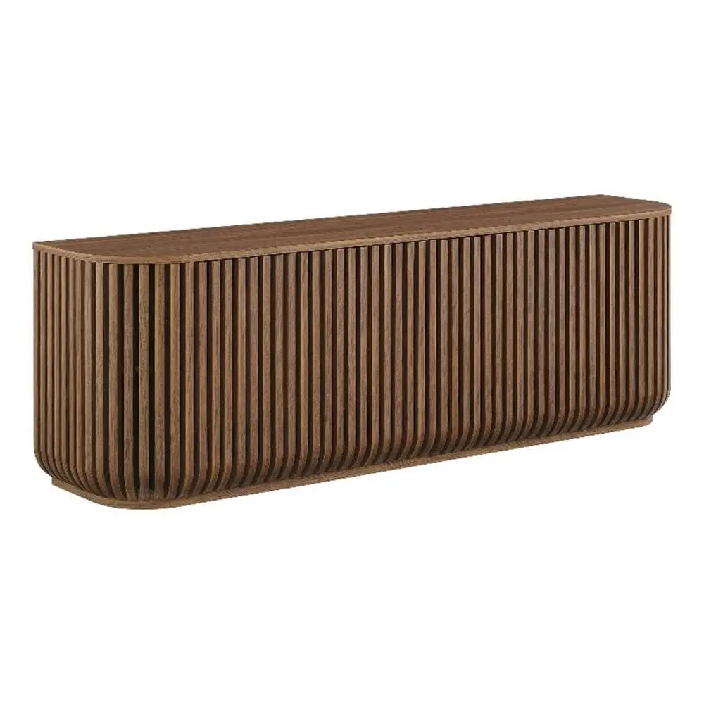 Fluted Curved Sideboard Buffet 4 Doors Walnut Media Console Adjustable Shelves Cable Management Office Storage , Customized