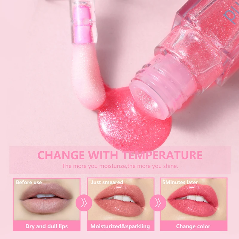 Peach-colored hydrating lip gloss, shiny oily lip gloss, and natural lip brightening product, used for beautifying the lips.