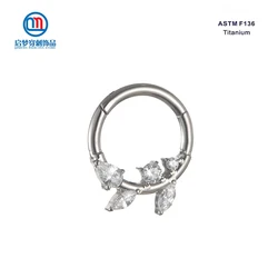 ASTM F136 Titanium Nose Ring Clicker with Leafs Clear Zircon Hinged Segment Earrings Cartilage Hoop Piercing Jewelry