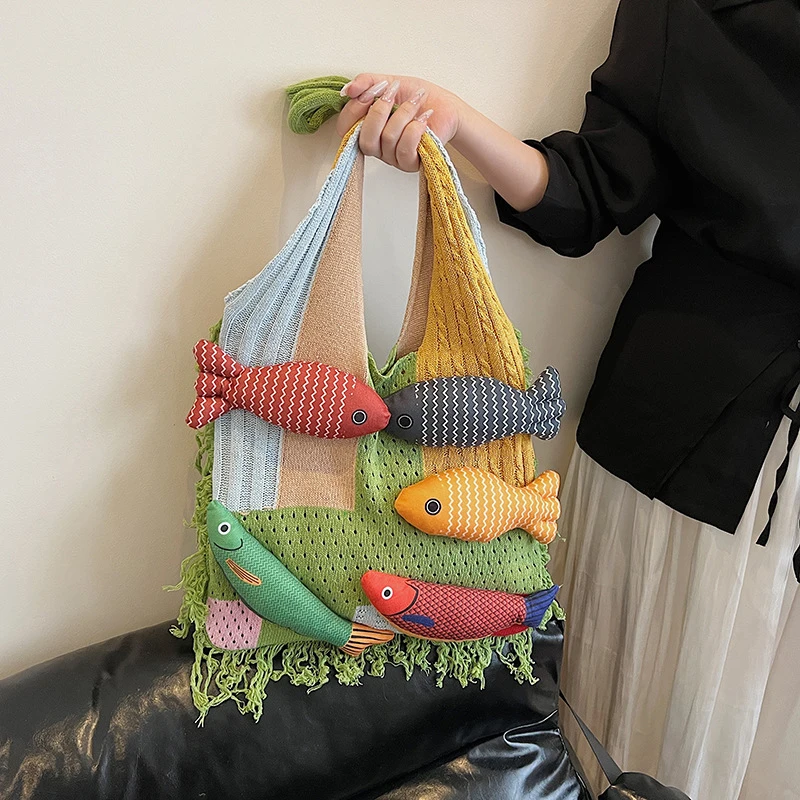 Creative Shoulder Bag Fashionable Many Fish Three-dimensional Decoration Contrast Color Stitching Large Capacity Tote Handbag