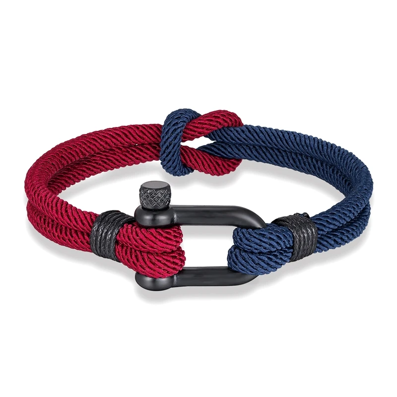 MKENDN Two-Toned Knot Nautical Rope Bracelet Men Women Outdoor Surfer Bracelet Black Stainless Steel U-shape Shackle Buckle