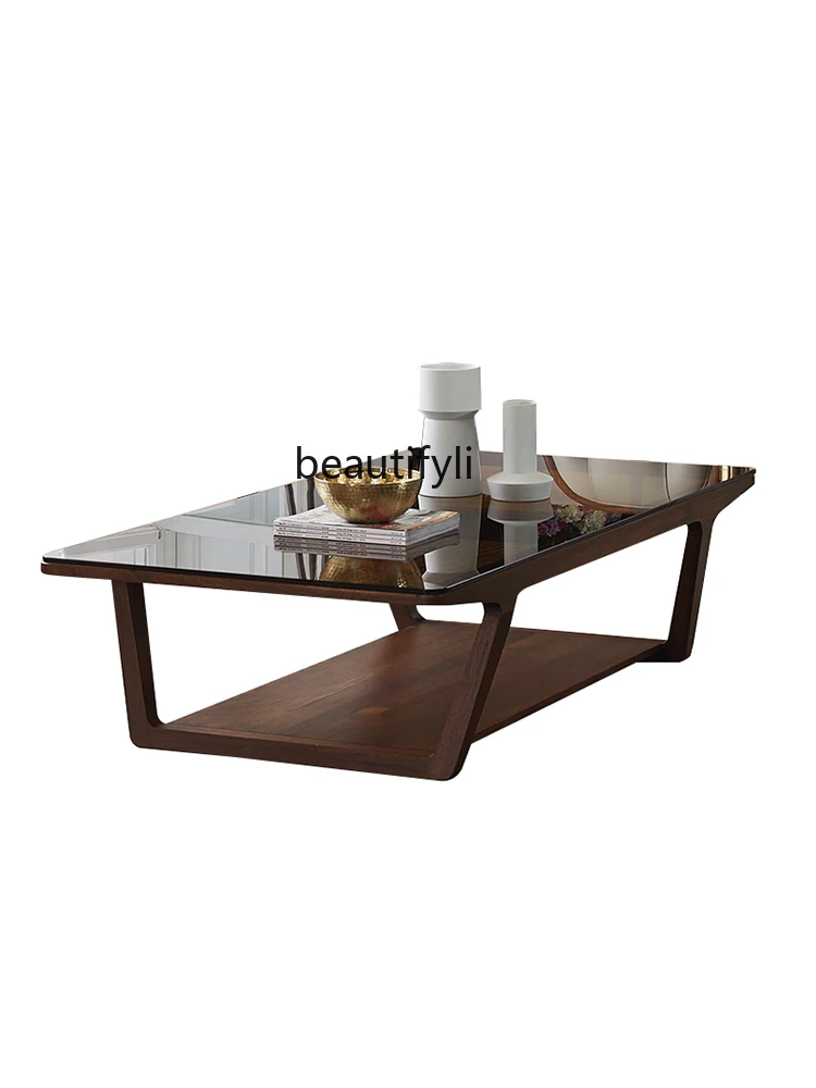 

Light Luxury Solid Wood Tea Table Tempered Glass Italian Black Walnut Wooden Table Living Room Storage Log Large Tea Table