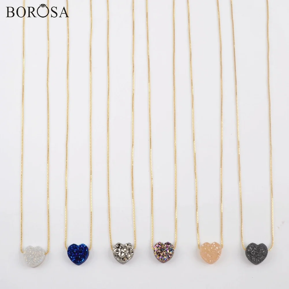 BOROSA 12mm Heart Rainbow Titanium Natural Druzy Bead 16.5~17 inch Chain Adjustable Necklace Jewelry for Lady as Wedding Gift