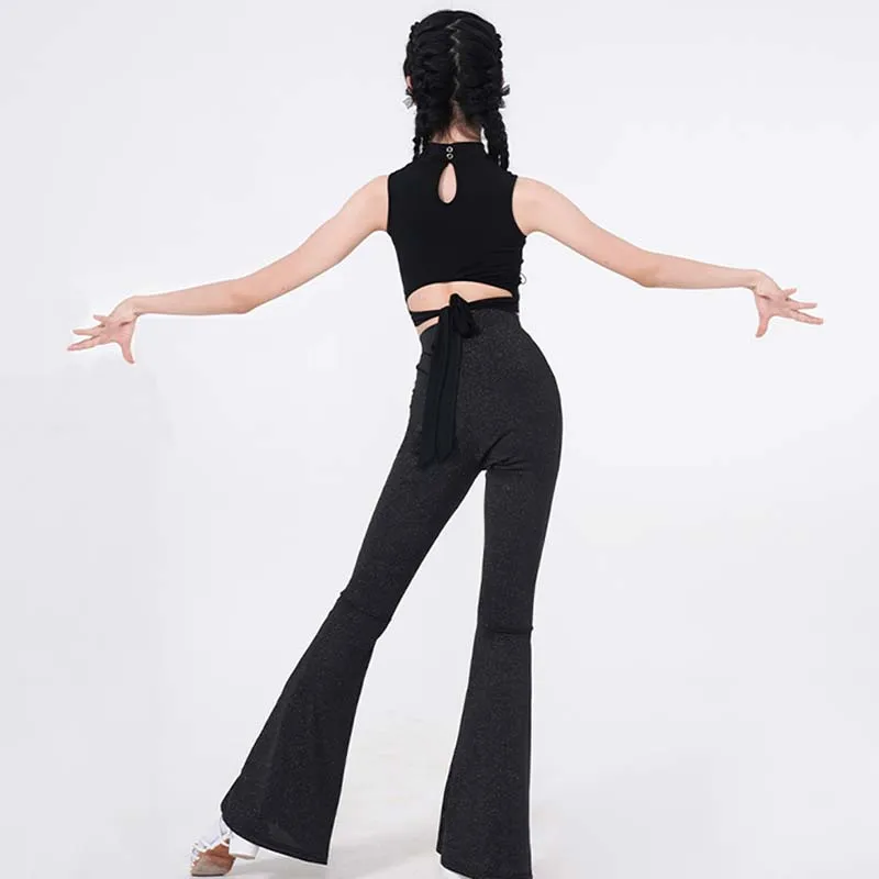 New Latin Dance Wear Girls Competition Performance Suit Samba Rumba Dancer Practice Clothes Black Crop Tops Pants Summer VDL1043