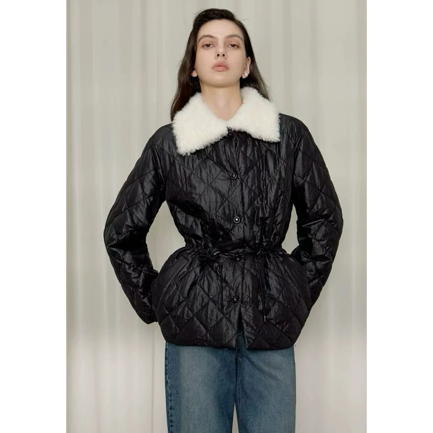 

Warm Cotton Jaet Outerwear Collar Patchwork Waist Cinching Slimming Diamond Pattern Ladies' Commute Sle Coat