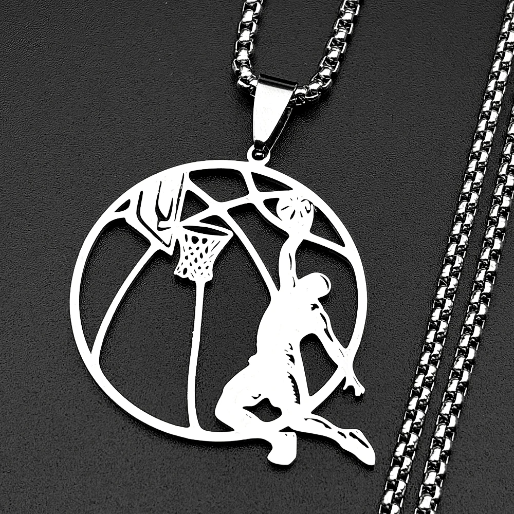 Slam Dunker Basketball-Anhänger-Halskette für Damen und Herren, Edelstahl, silberfarben, Sport-Stil, männliche Straßenkette, Schmuck, Geschenke – Detail 5