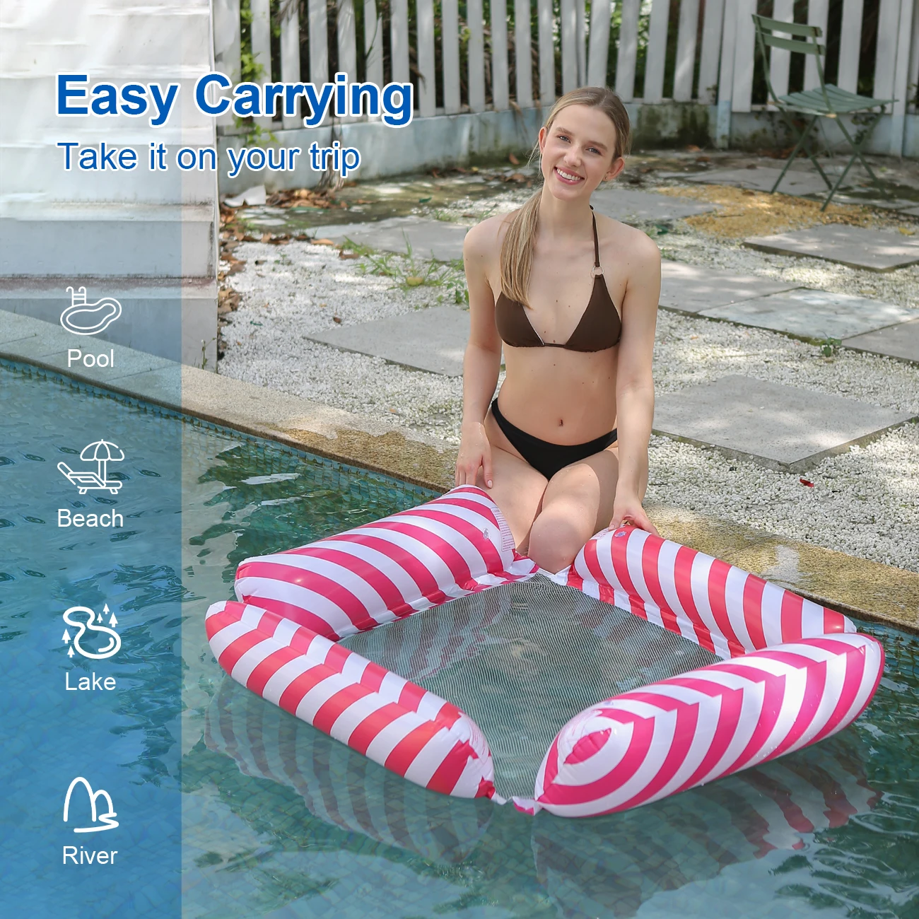1 x aufblasbarer Schwimmbad-Sessel, gestreifte Hängematten-Schwimmsessel, geeignet für Partys und Urlaub