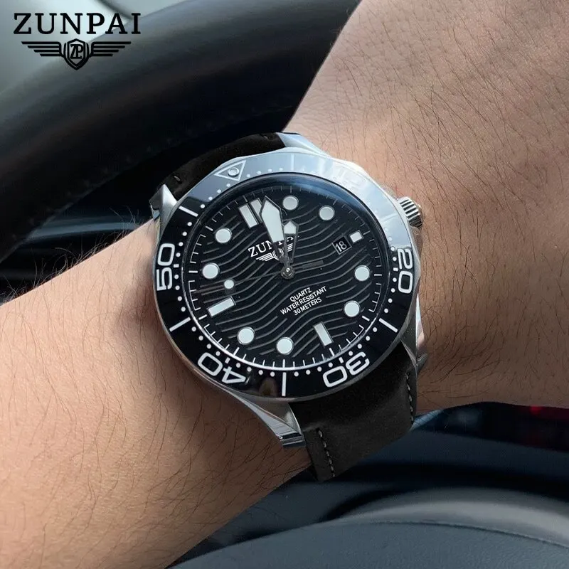 ZUNPAI Original Watch for Men Waterproof Sport Fashion Leather Strap Black Luminous Analog Baterai Quartz Wristwatches