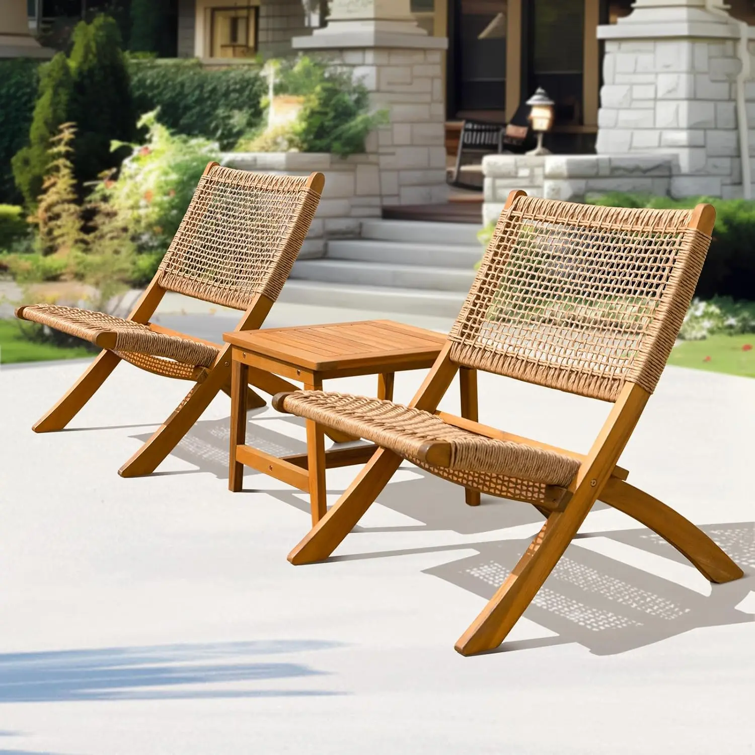 

400lbs Capacity Twisted Wicker Foldable Reclining Bistro Set of 3, FSC Certified Acacia Wood Patio Furniture Set for Outdoor