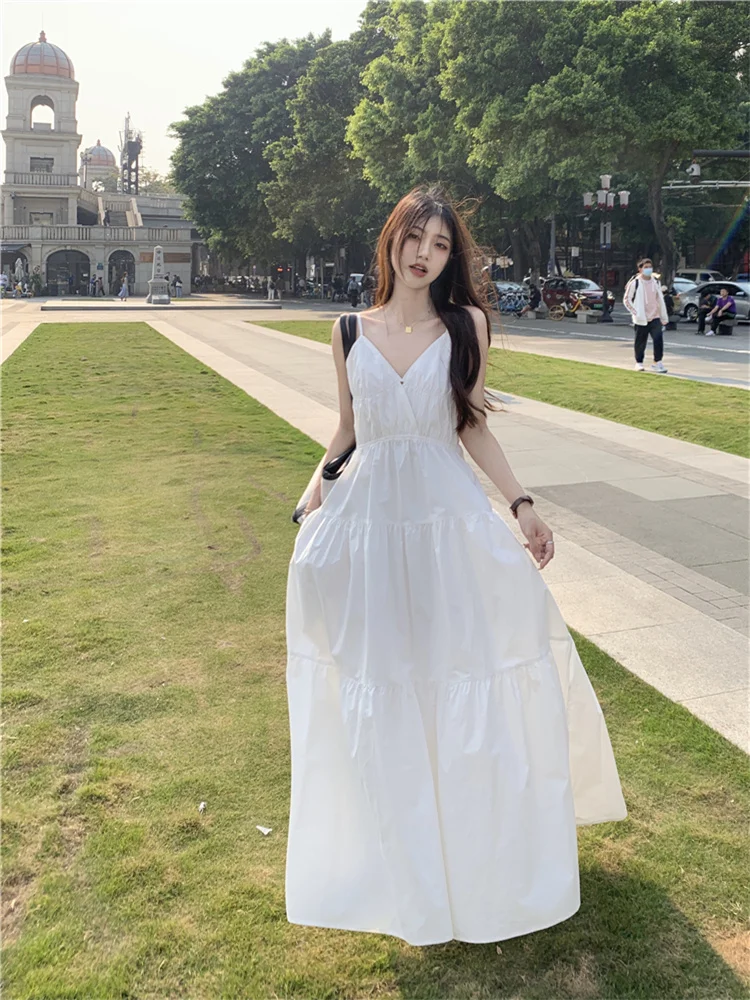 

Summer Casual White Dress Women Summer 2023 New Boho Style V-neck Loose Beach Dress Fairy Backless A-line Holiday Long Dresses