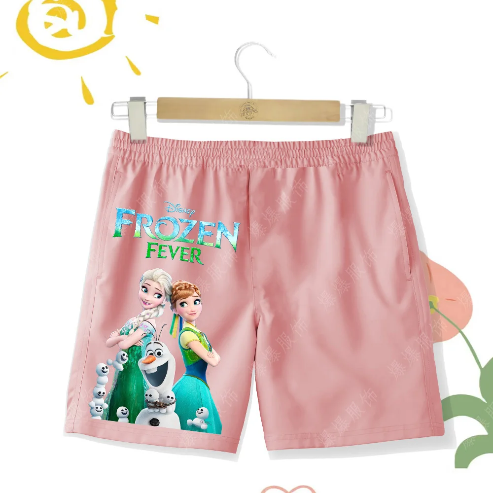 Summer Children's Soft and Comfortable Beach Pants Girl's Cartoon Print Disney Princess Breathable Swimming Shorts Quick drying