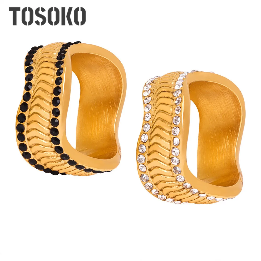 

TOSOKO Stainless Steel Jewelry Simple And Personalized Snake Bone Texture Zircon Inlaid Alien Ring BSA557