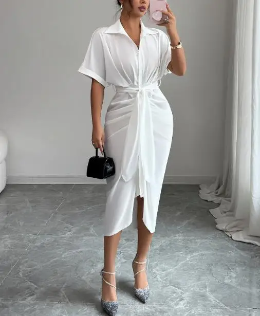 

2025 Autumn and Winter Elegant High-End Lace Up Short Sleeved Bag Skirt Dress Women's Clothing