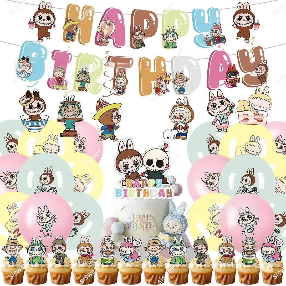 

Labubu Themed Birthday Party Scene Decoration Labubu Baby Shower Balloon Flag Insertion Decoration Set Children's Party Supply