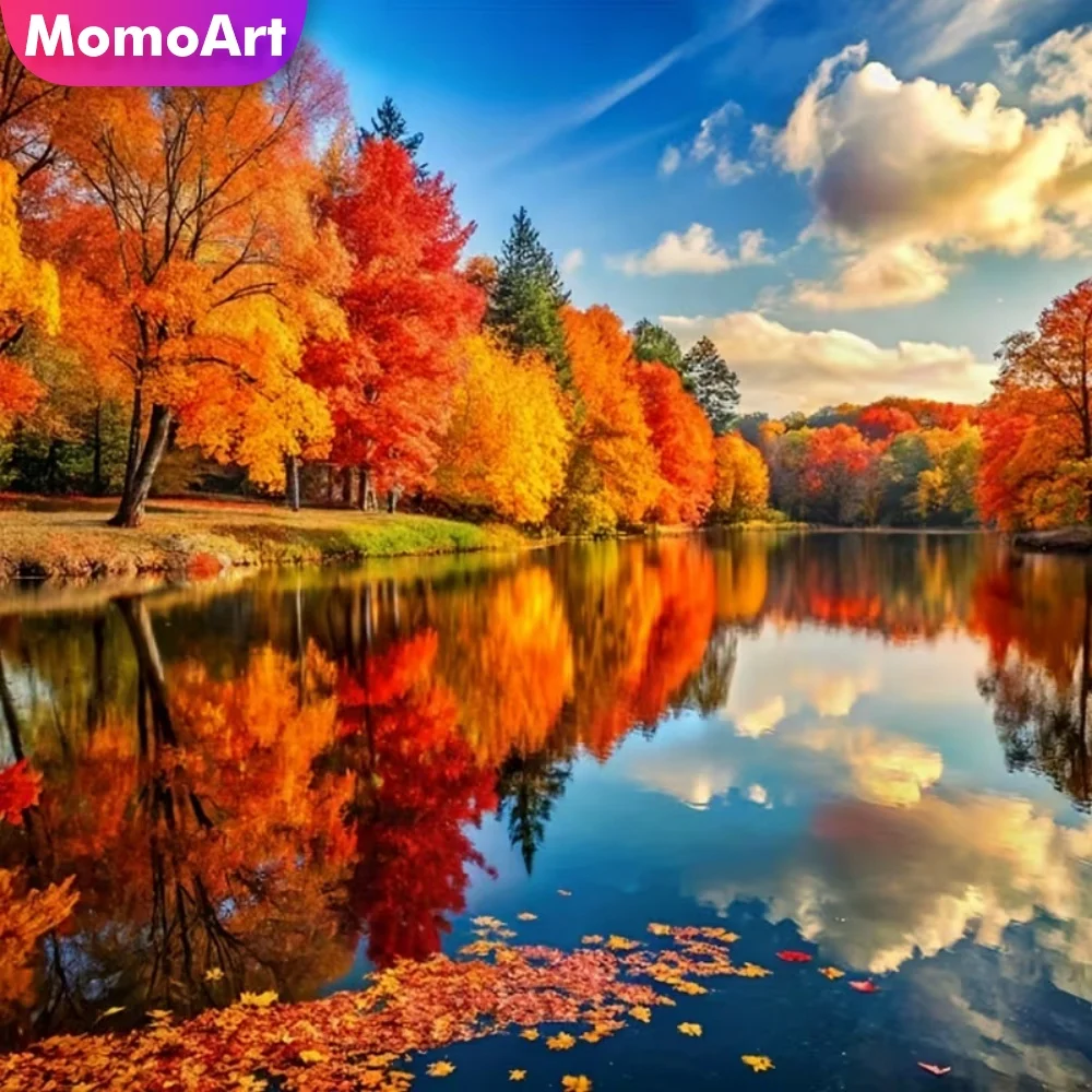 Momoart Fluss-Diamant-Mosaik Herbstlandschaft Diamantmalerei Baum DIY Geeignet für Anfänger Stickerei Heimdekoration