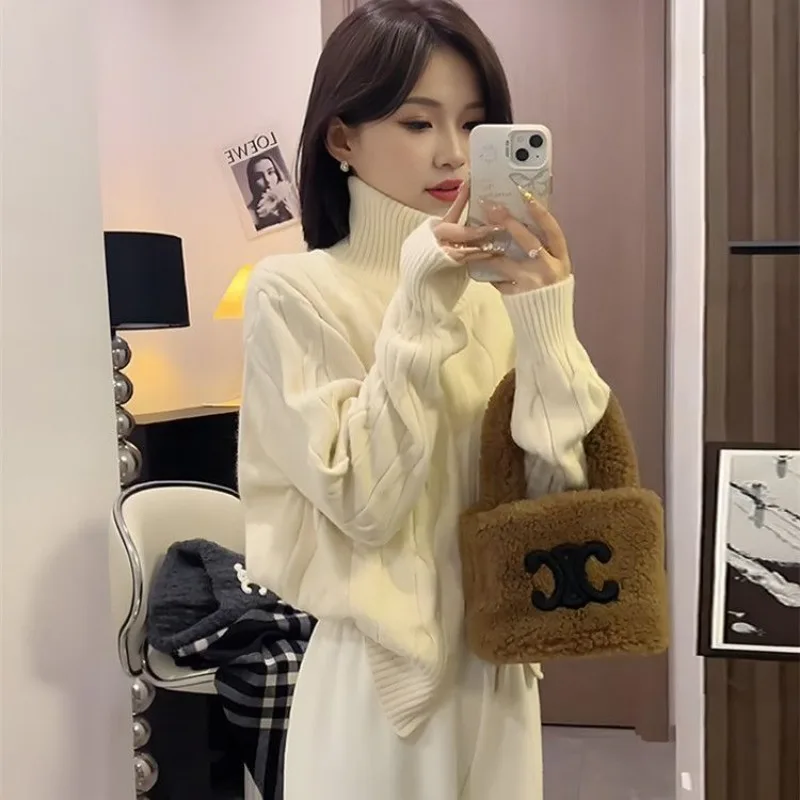 Women Autumn Winter Korean Trend Zipper Solid Color Turtleneck Knitting Women Clothing Lazy Wind Screw Thread Long Sleeve Sweate