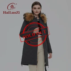 HaiLuoZi-Chaqueta larga de Invierno para mujer, abrigo largo hasta la rodilla, Cuello de piel grande, cremallera a prueba de viento, Parka gruesa con capucha, 89-1