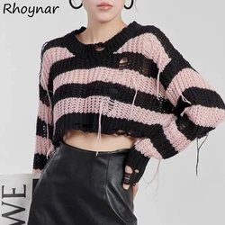 Crop Pink Striped Sweaters Women Pullovers Gothic Ripped Retro Cool Girls Streetwear Hot Sweet Autumn Loose All-match Popular