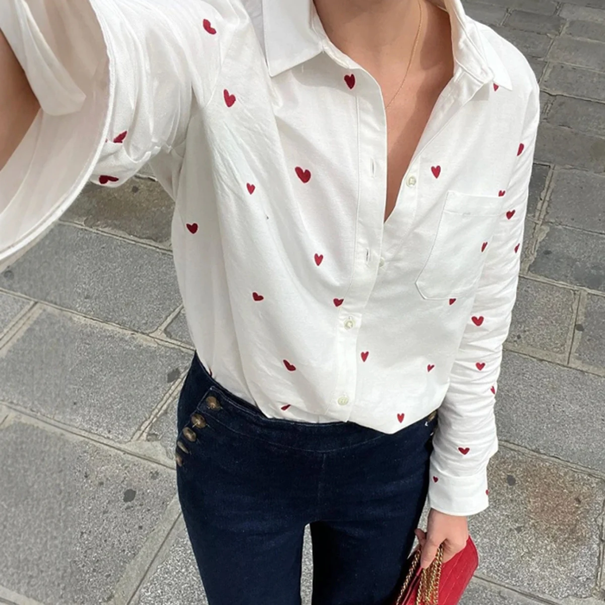 Red Heart Embroidery Shirts For Women Turndown Collar Single Breasted Pocket Blouse 2025 Spring Long Sleeve Casual White Blouses