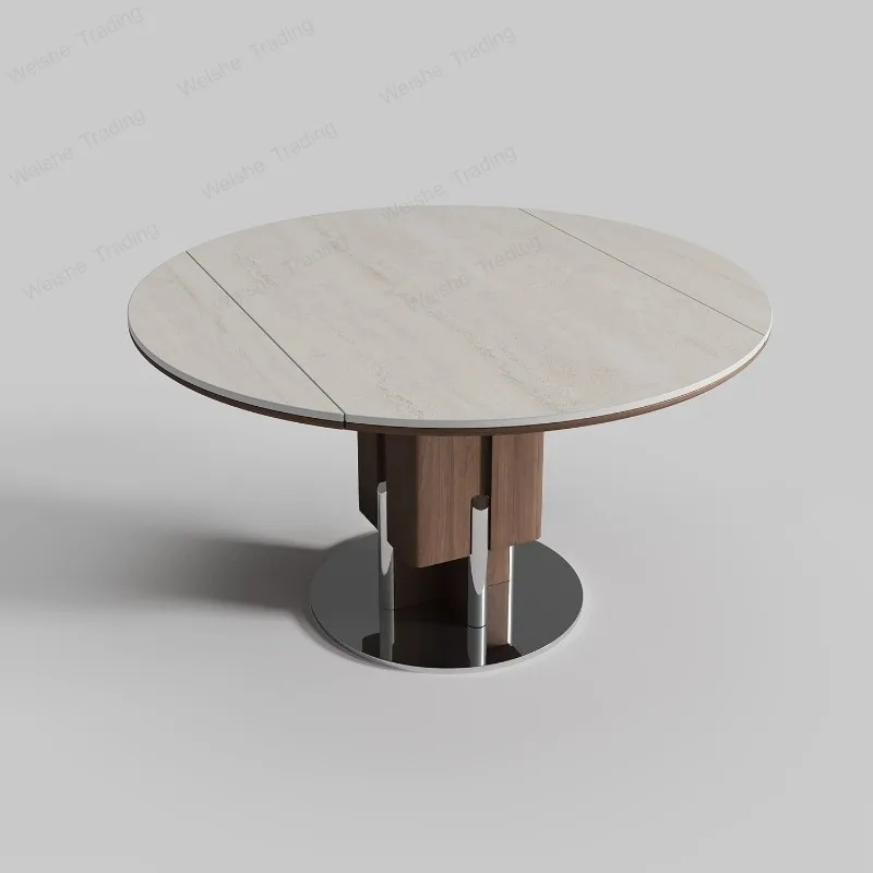 Travertine rock slab solid wood retractable dining table household variable round table foldable dining table