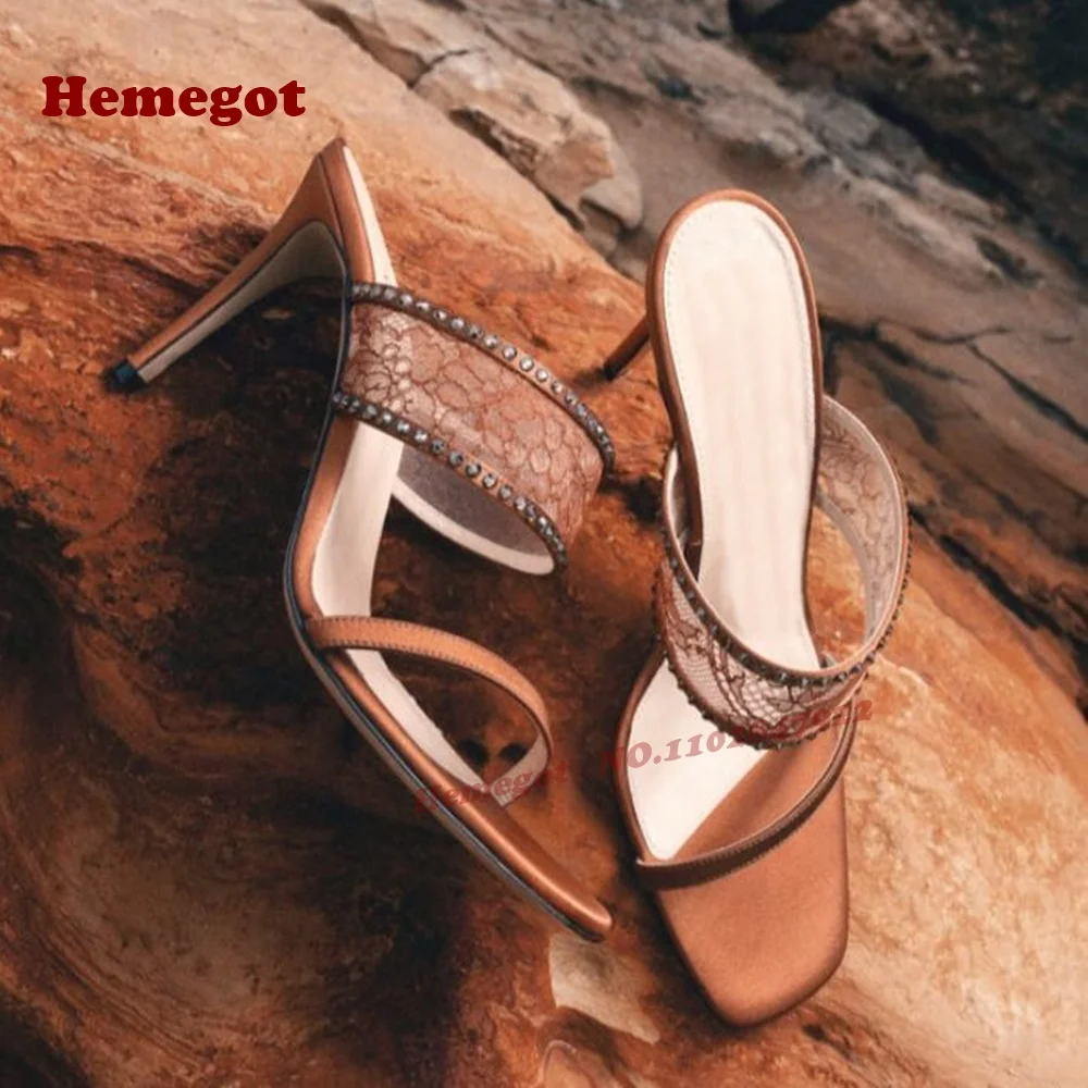 

Satin Crystals Air Mesh Slippers Open Toe One Strap Slip On Women's Sandals Splicing Cut Out Stiletto Heels Summer Shoes Luxury