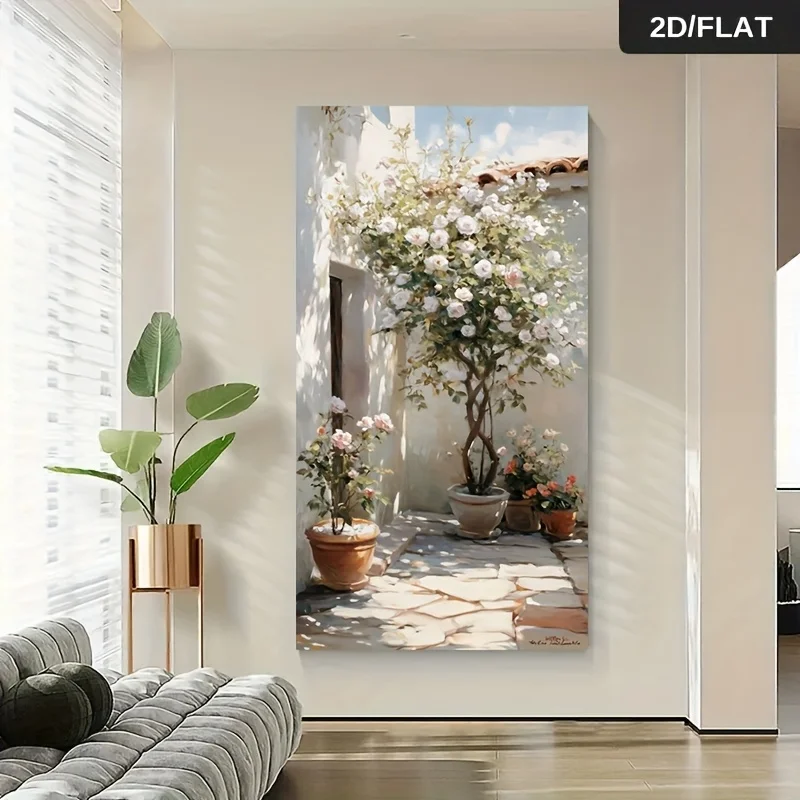 Toile abstraite moderne sans cadre - Scène méditerranéenne sereine avec des fleurs épanouies et une verdure luxurante, idéale pour le salon