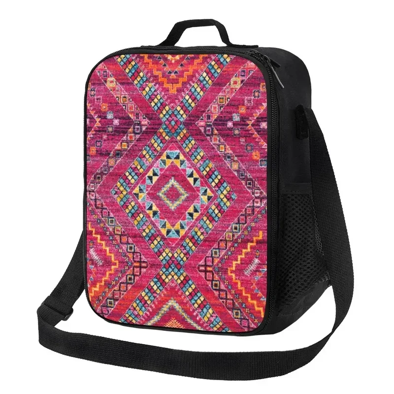 

Vintage Pink Oriental Bohemian Moroccan Artwork Thermal Lunch Bags Geometric Diamond Lunch Tote Outdoor Storage Bento Food Box