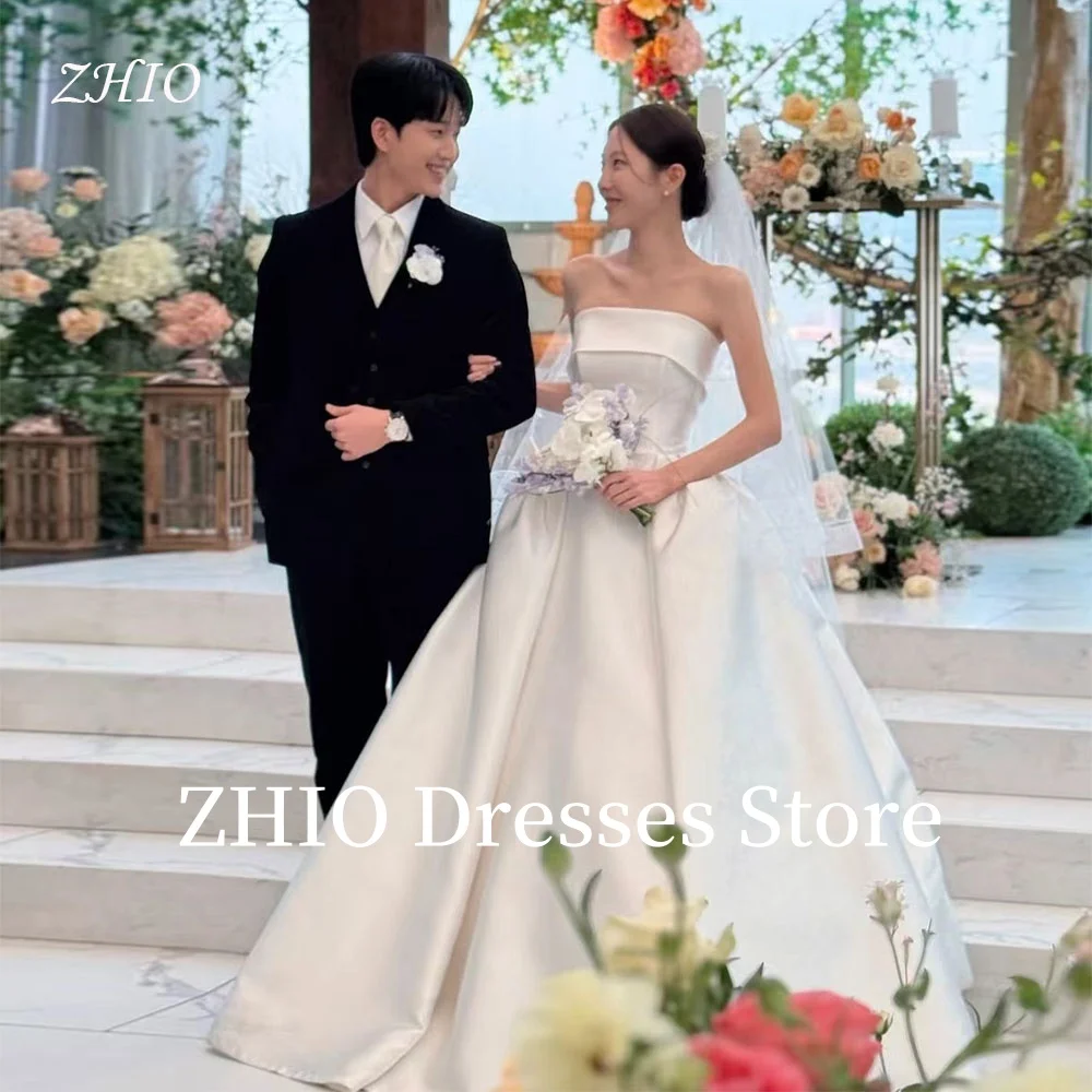 

ZHIO Elegant Wedding Dresses A-Line Strapless Floor Length Bridal Gown Silk Taffeta Korea Photo Shoot Customized Simple Classic