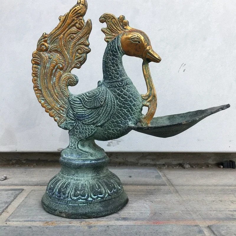 Antique Phoenix Candle Holder Tibetan Buddhist Ritual Offering Vessel Incense Holder Ornament Home Decor Sculpture