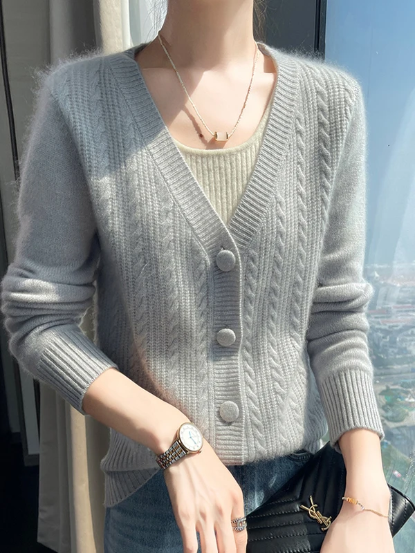 Ladies' Lazy Style V-Neck Knitted Long Sleeve Cardigan Loose Fit Twist Flower Design Casual Wear Polyester Fiber Soft Fabric