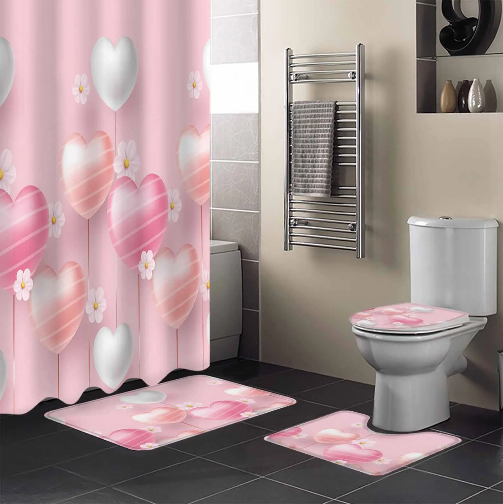 Pink Love Balloon Shower Curtain Non-Slip Rugs Toilet Lid Cover and Bath Mat Bathroom Curtains with Hooks