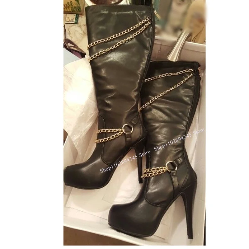 블랙 체인 매트 가죽 부츠 얇은 하이힐 라운드 발가락 패션 섹시한 멋진 2025 겨울 빅 사이즈 여성 신발 Zapatillas Mujer