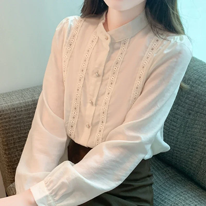 Female Blusas Mujer Chiffon Blouses for Women Clothing Fashion Elegant Long Sleeves Tops O-Neck Solid Sweet Spliced Dropshipping