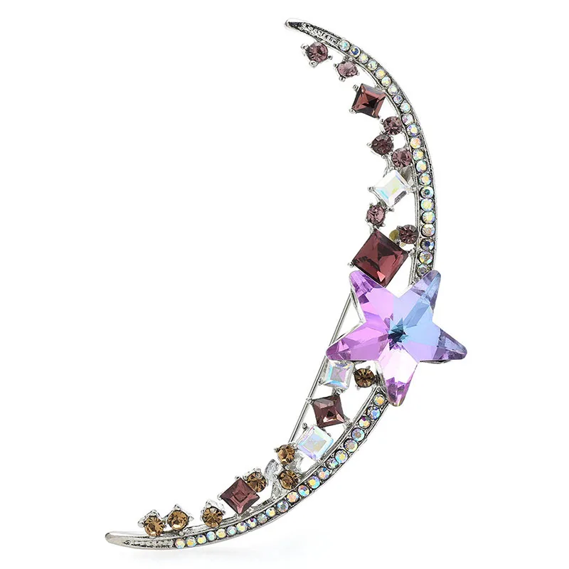 Wuli&baby Star Moon Brooches For Women Unisex 5-color Rhinestone Sparkling Crescent Party Office Brooch Pin Gifts