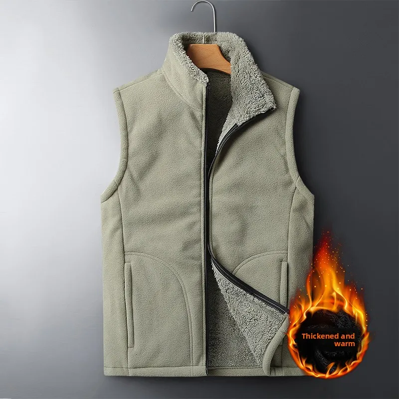 

Thiened Fce Men's Vest Warm Winter ex Sle Zipper Closure Faionable Trendy Youth Polyester Fiber Stand Fit