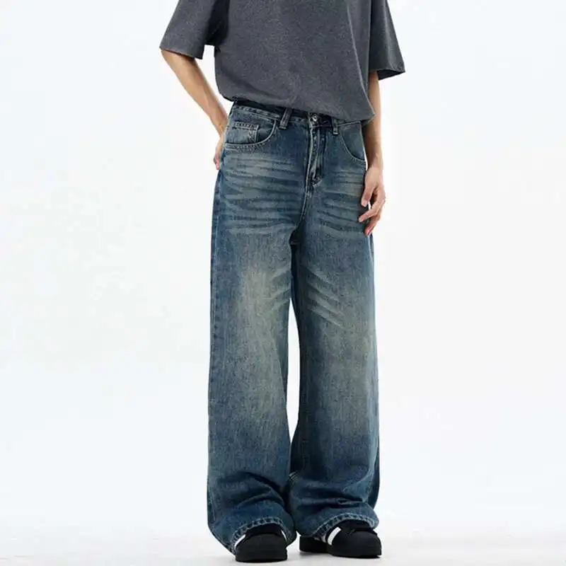Trendy Men's New Wear Denim Pants New American Washed Fashion Men Cleanfit Versatile Wide Leg Jeans Summer PTP8