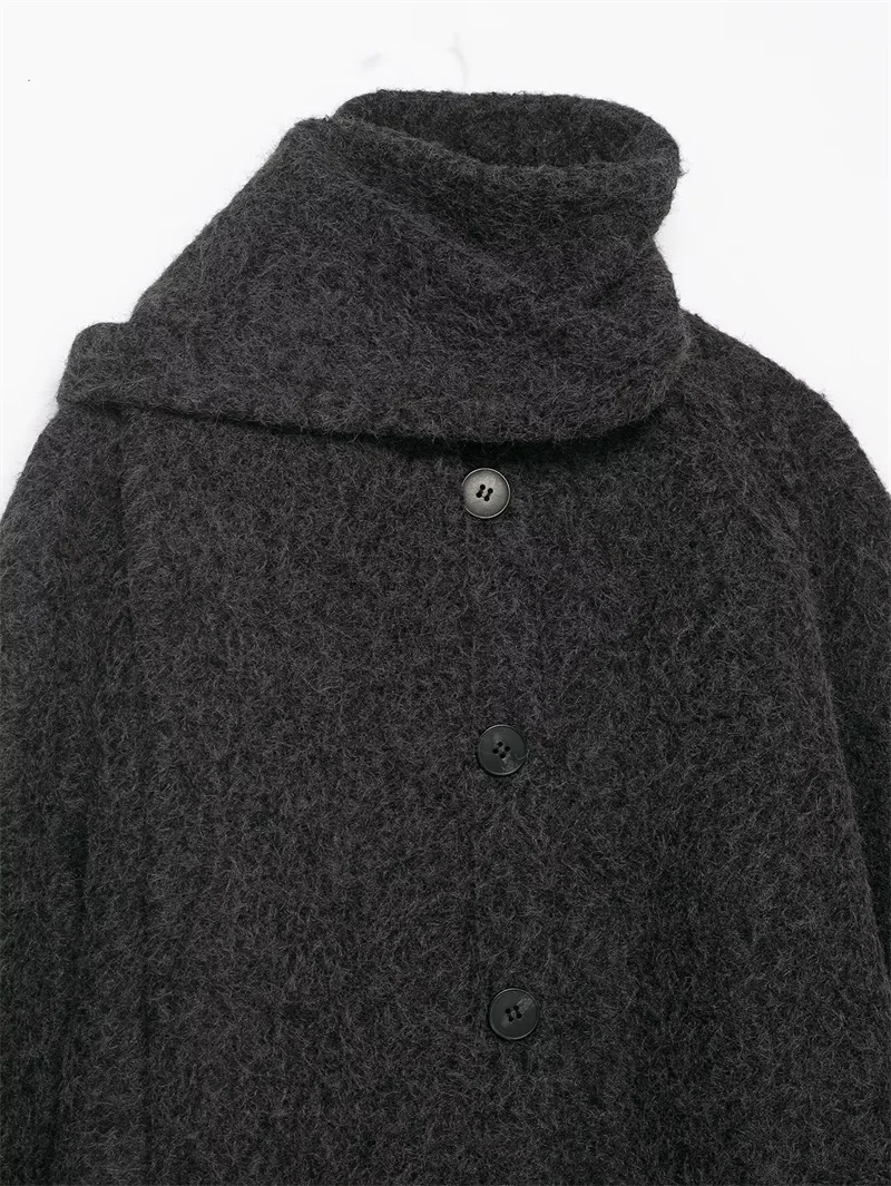 Women's Coat 2025 Winter New Style Dark Gray Long Sleeve with Scarf Decor Simple Short Coat Elegant and Fashionable