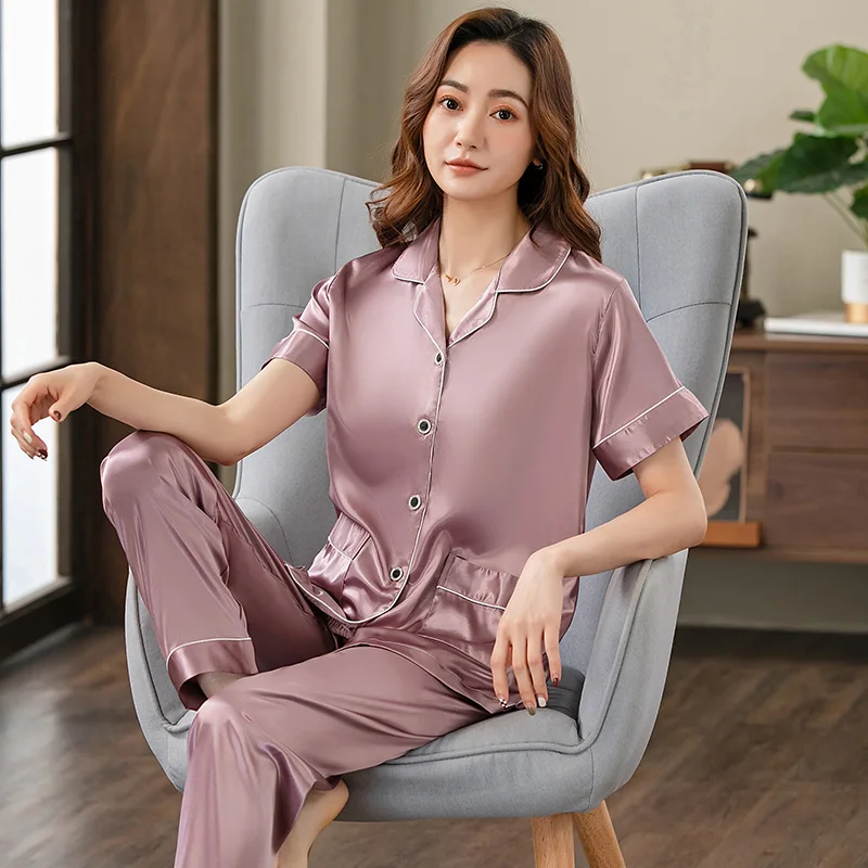 女性用の無地のシルクパジャマ,女性用のナイトコートとスリープパンツ,女性用のカジュアルなパジャマ,M-3XL