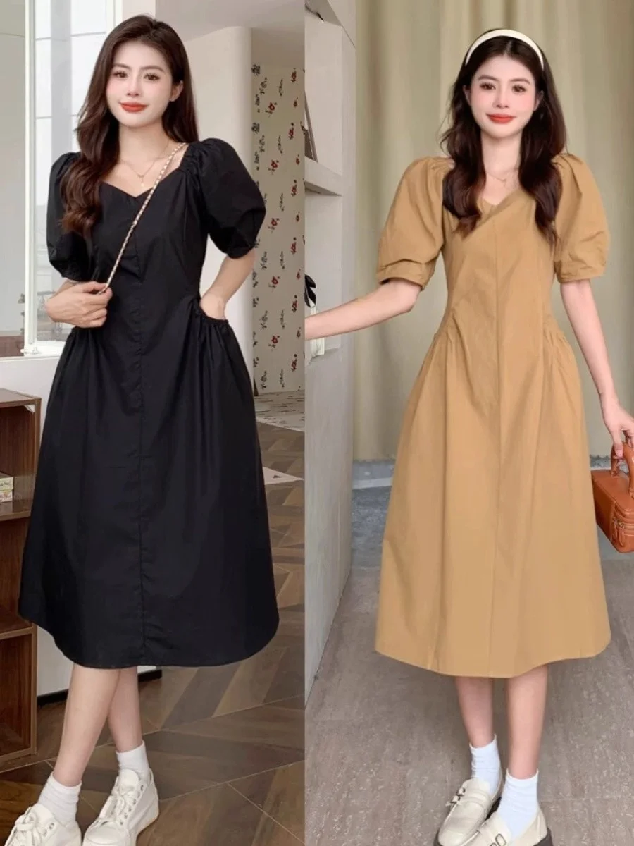 

Retro Waist-Cinching Summer Dr for Women Beach Vaion Casual High Waist A-Line Skirt Bubble Sve V-Ne Loose Fit Dr