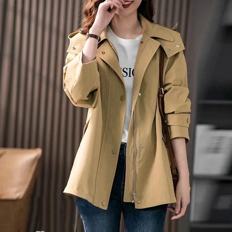 

Women Trench Coat Spring Autumn 2024 New Women Korean Long Sleeve Loose Casual All-Match Hooded Ladies Windbreaker Outwear 4XL